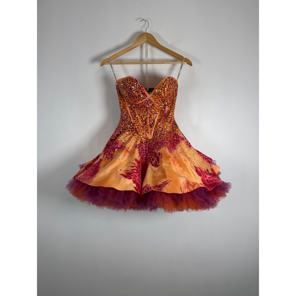Y2K Barbiecore Jovani Womens Size 0 Cocktail Dress Orange Sequin Leopard Tulle